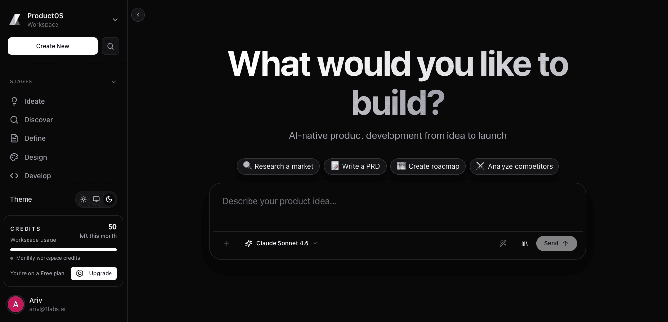 ProductOS dashboard: research, PRD, design, and code in one project