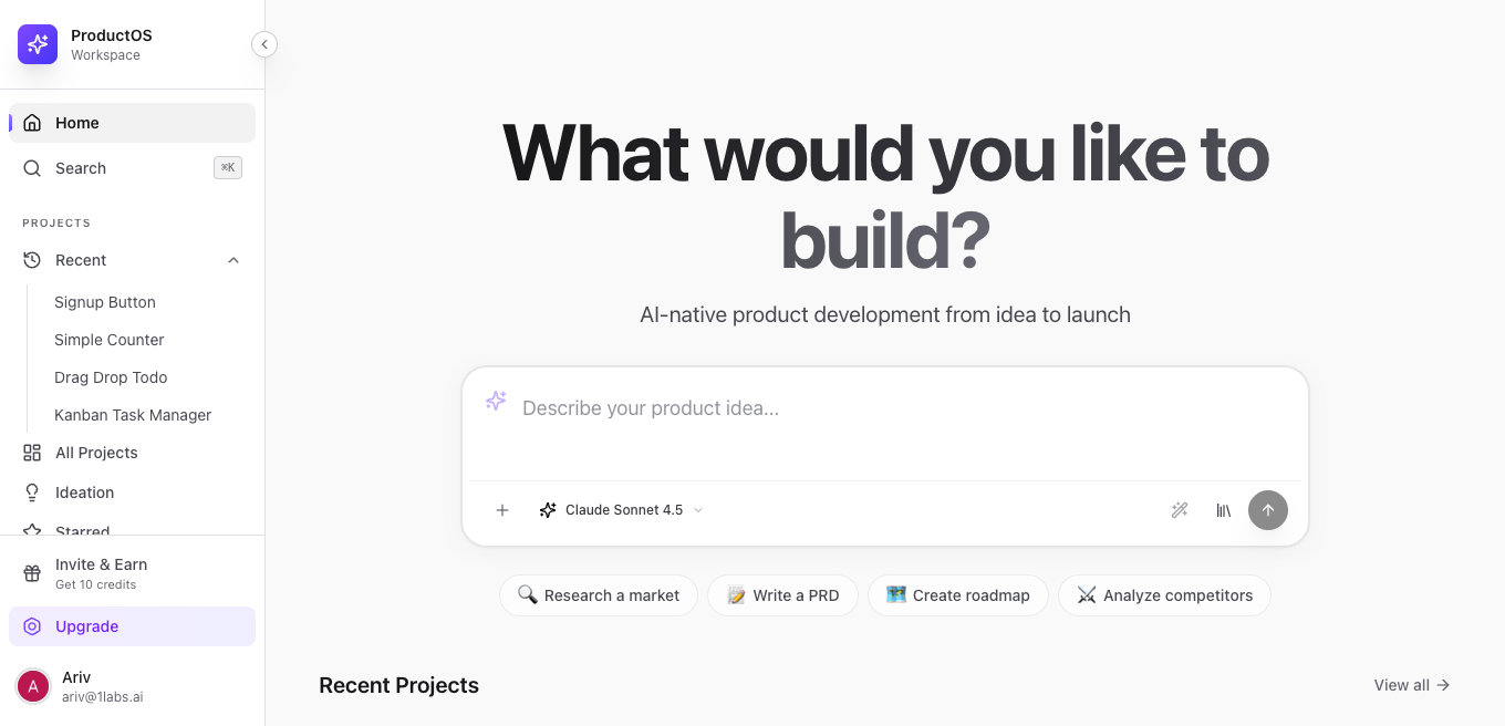 ProductOS demo - 5-stage AI product development workflow