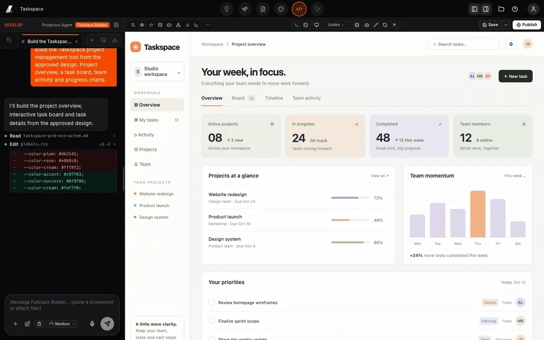 ProductOS Code & deploy walkthrough: building Taskspace, previewing a light project dashboard, and moving tasks across the board