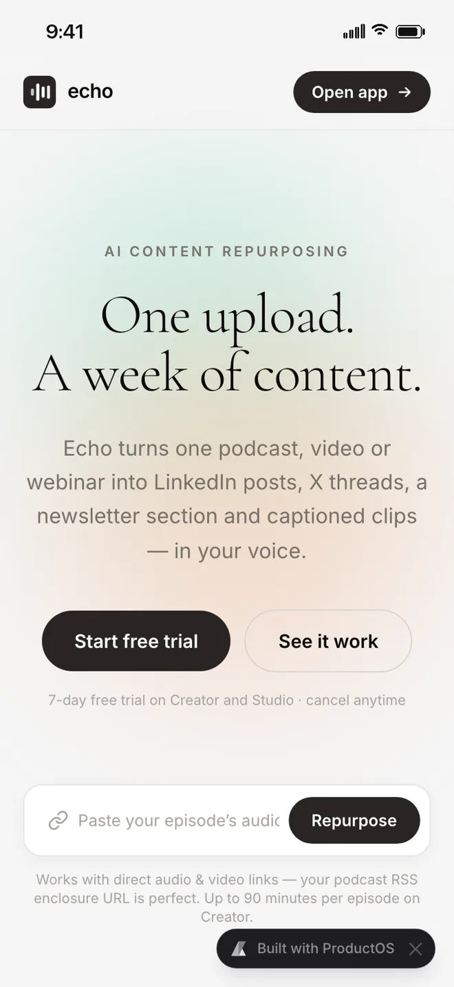 Echo, a ProductOS showcase project viewed on mobile