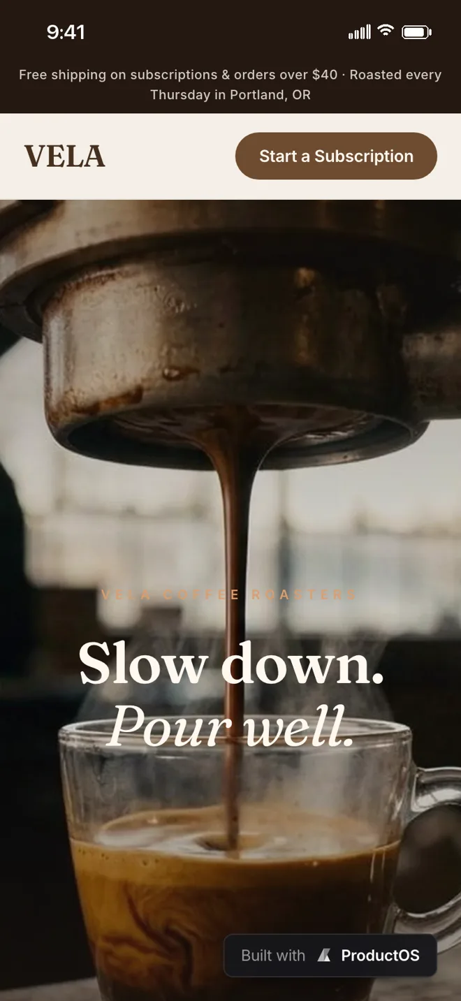 Vela, a ProductOS showcase project viewed on mobile